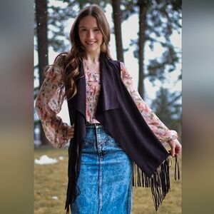 71-Decree Fringe Cardigan Vest Waterfall Style Size Medium Chocolate Brown